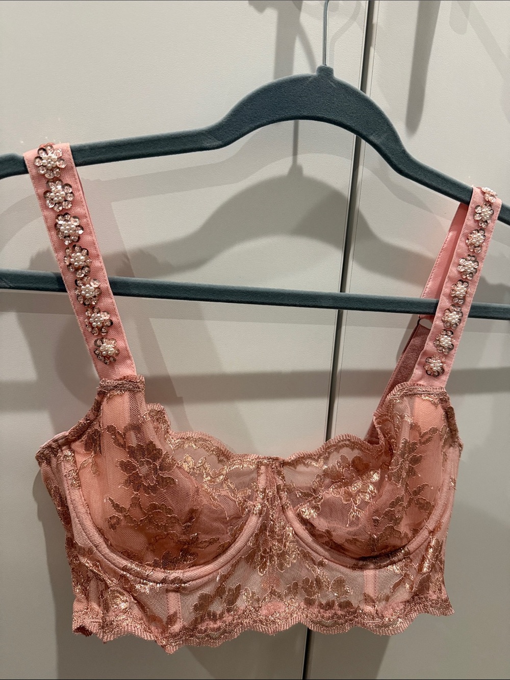 Victoria's Secret Pink Embroidered Lace Underwire Bra with Crystal Straps